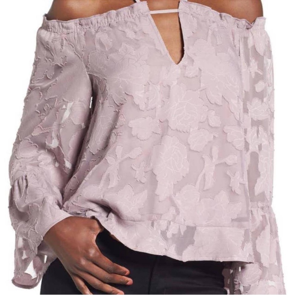 Leith Taupe/Lavender Hue Off the Shoulder Lined Floral Burnout Blouse. Small.